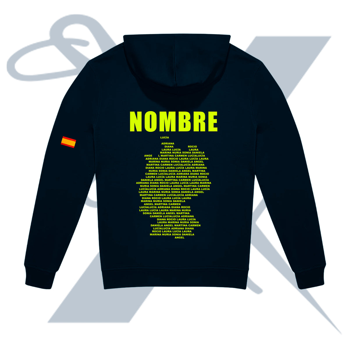 sudadera personalizada para grupo con nombre, número y bandera, ejemplo de diseño incluido en el precio