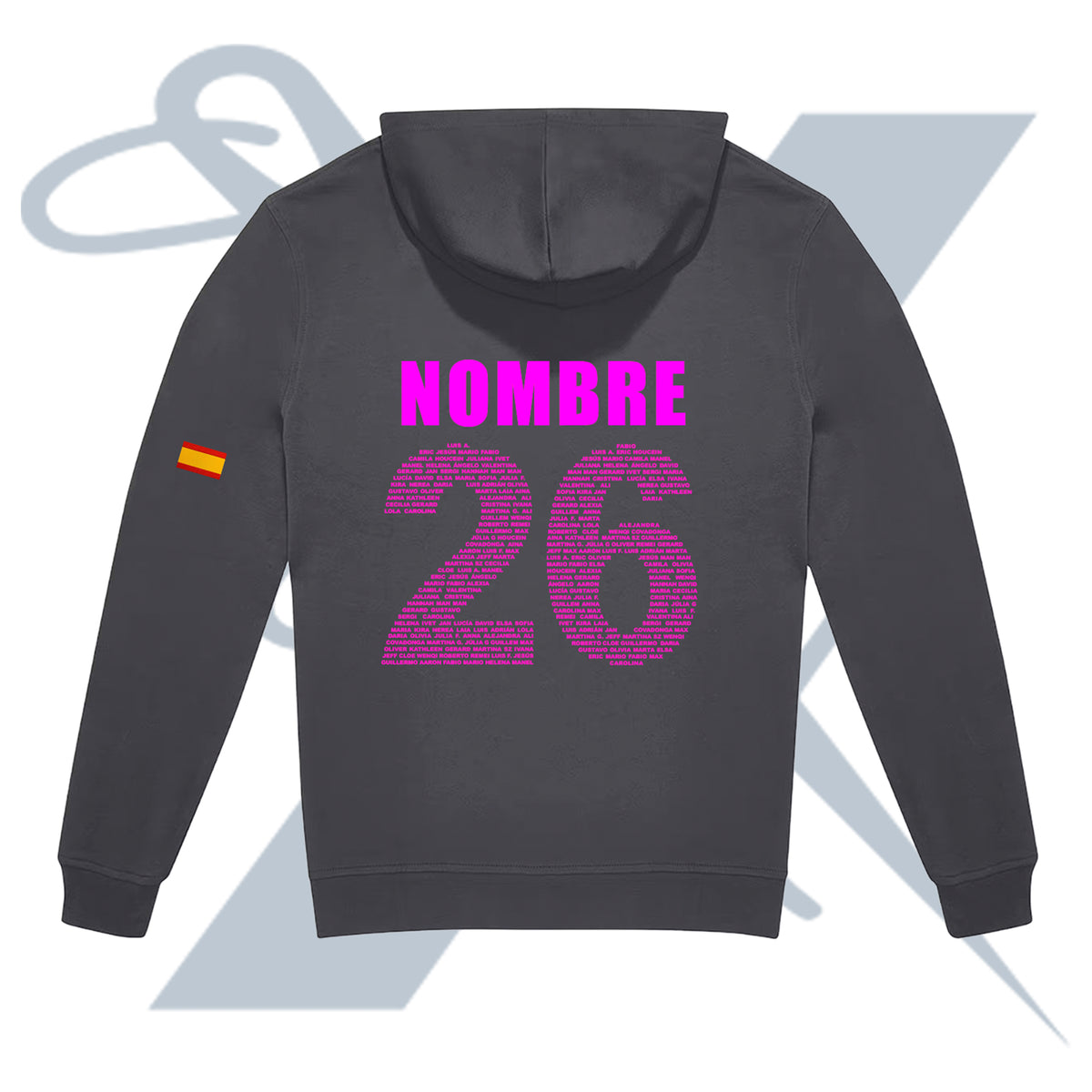 sudadera personalizada para cuadrilla con el nombre y el número de cada uno en la espalda