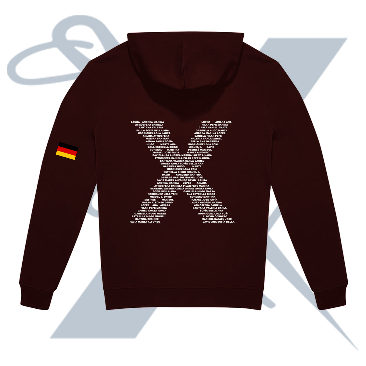 sudadera personalizada para viaje de grupo con los nombres de todos formando una X en la espalda